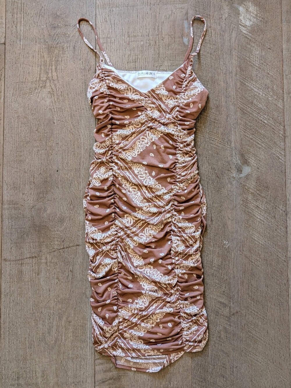 Popular 21 Brown Paisley Ruched Bodycon Mini Dress Size S